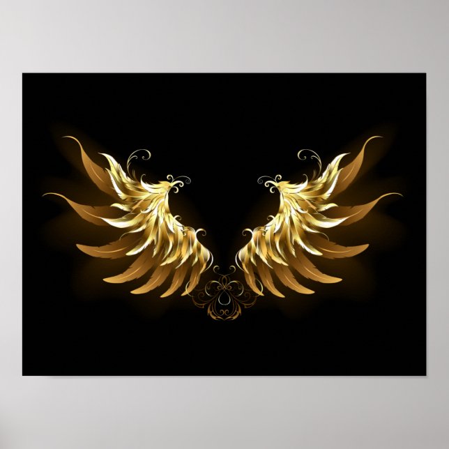 Poster Ouro Angel Wings sobre fundo preto (Frente)