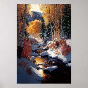 Poster Ouro Aspen Árvores na Neve perto do rio