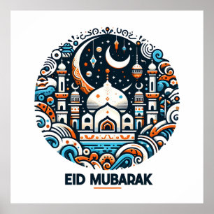 Poster Ouro Crescente Lua e Lanterna Eid Mubarak Islâmico