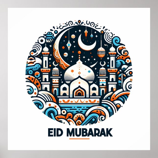 Poster Ouro Crescente Lua e Lanterna Eid Mubarak Islâmico (Frente)