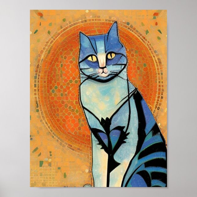 Poster Ouro de abstrato-art, mosaico-marrom, de gato azul (Frente)