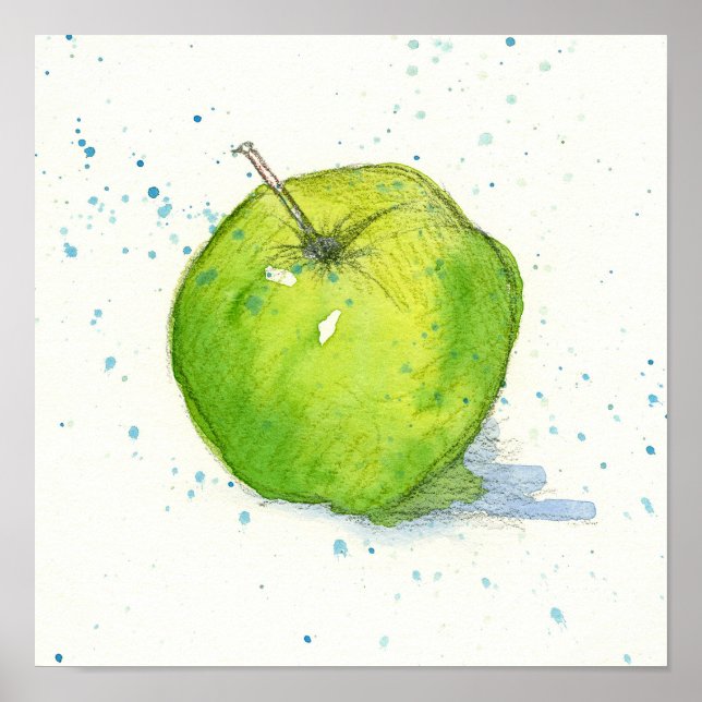 Poster Ouro Delicioso Verde Apple Aquarela Fruta Arte (Frente)