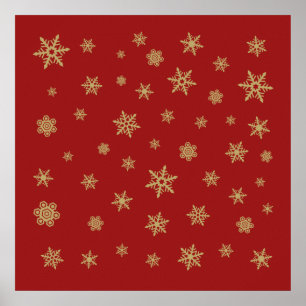Pôster Ouro do design dos flocos de neve no vermelho