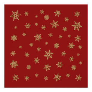 Pôster Ouro do design dos flocos de neve no vermelho