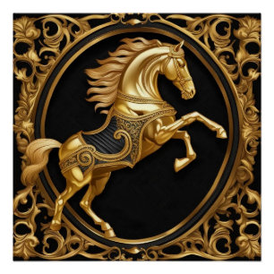 Pôster Ouro Dourado de cavalo e armação ornamental negra