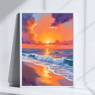 Poster Ouro Hour Orange Sunset Beach Ocean Paing