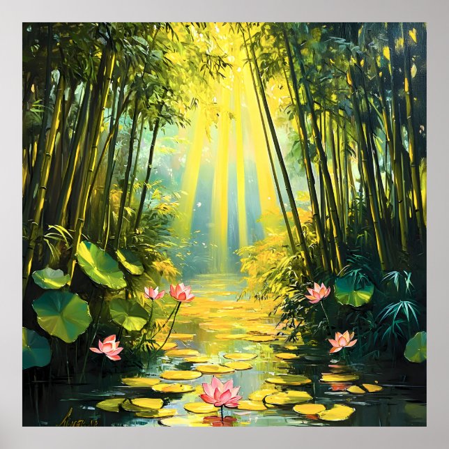 Poster Ouro Lotus Bamboo Forest Watercolor (Frente)