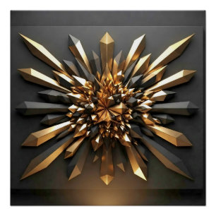 Pôster Ouro Luxuoso e Cristal Escuro Geométrico 3D Gloss