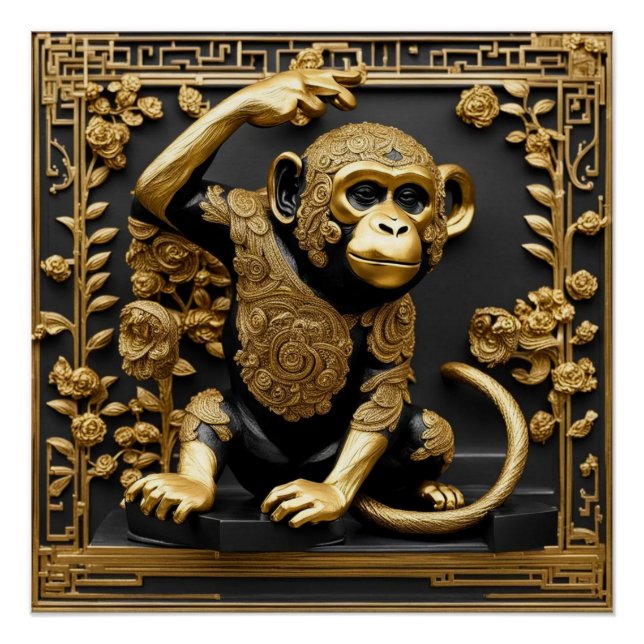 Pôster Ouro macaco e quadro ornamental negro (Frente)