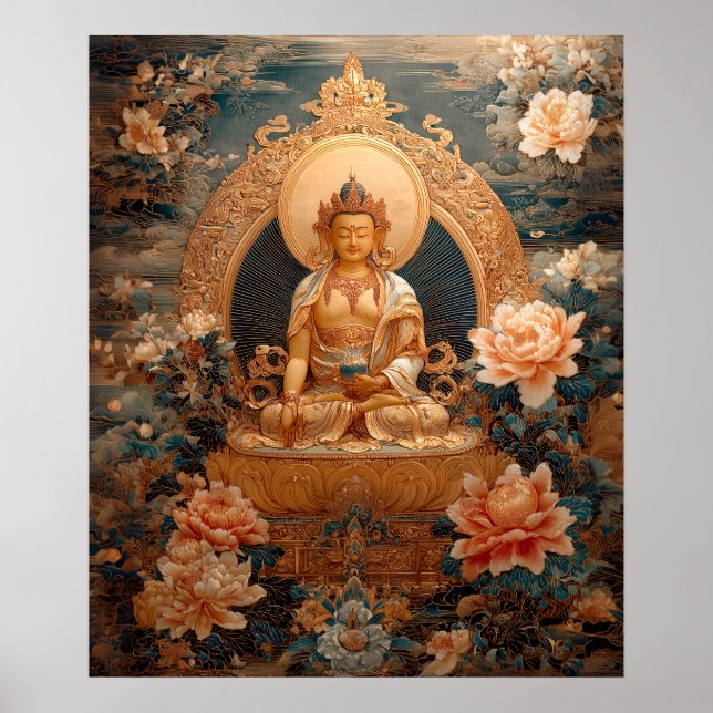 Poster Ouro Maitreya Buddha Flores Rosa Ilustração (Frente)