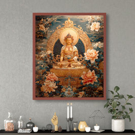 Poster Ouro Maitreya Buddha Flores Rosa Ilustração