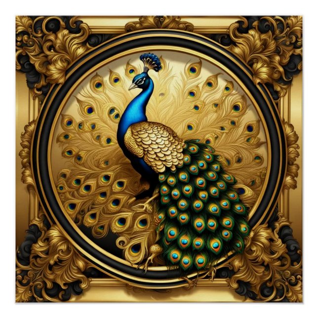 Pôster Ouro pavão e quadro ornamental negro (Frente)