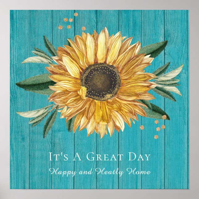 Poster Ouro Russo Girassol Teal Azul Celeiro Madeira (Frente)