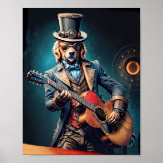Poster Ouro Steampunk Retriever tocando violão
