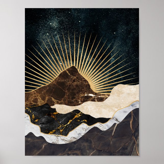 Poster Ouro Sunrise Sobre Montanhas Marble E Céu Estrelad (Frente)