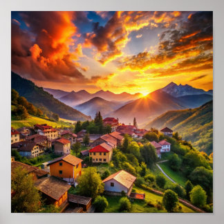 Poster Ouro Sunset Sobre Aldeia De Montanha | Terra Radia