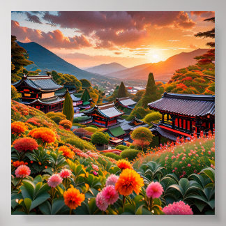 Poster Ouro Sunset Sobre Jardim Floral Japonês