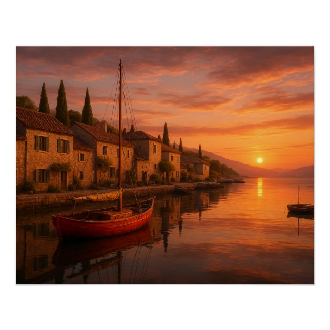 Pôster Ouro Sunset Sobre Vila Costeira (Frente)