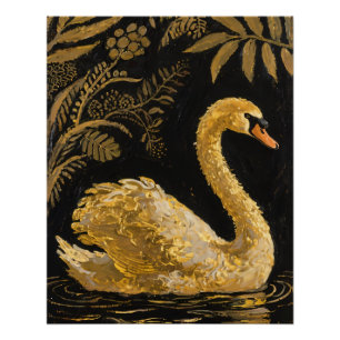 Pôster Ouro Swan em um Pond Midnight