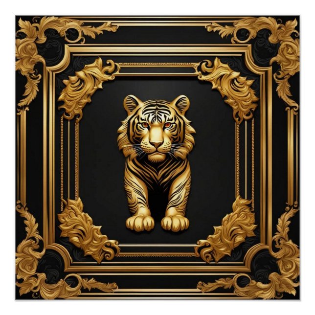 Pôster Ouro tigre e quadro decorativo preto (Frente)