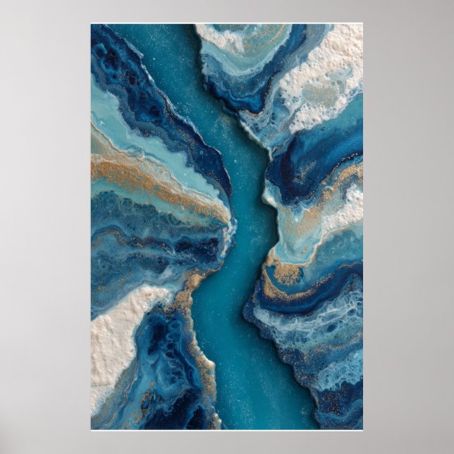 Poster Ouro Veia Azul Profundo Oceano Abstrato (Frente)