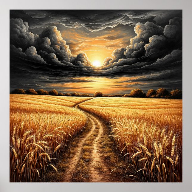Poster Ouro Wheatfield no Sunset com Céu Dramático (Frente)