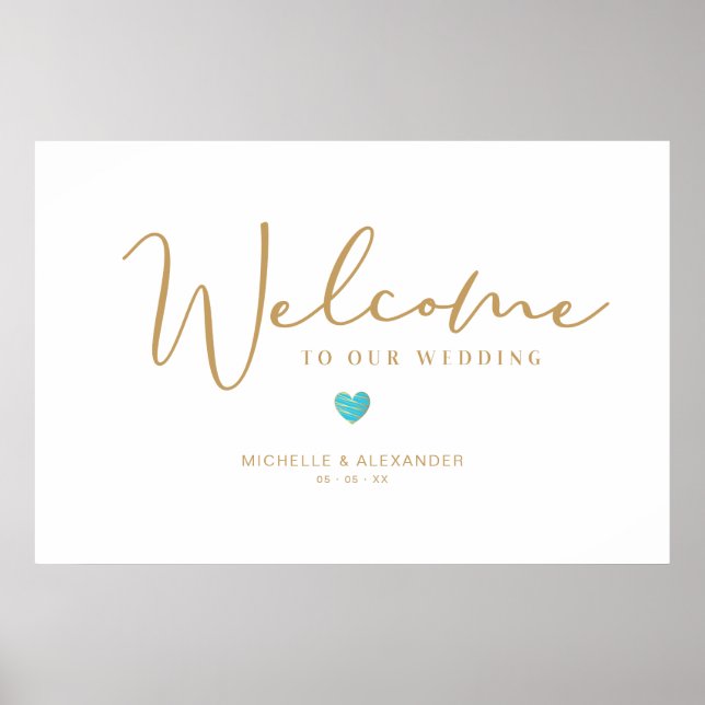 Poster Ouro Whimsical Welcome Wedding Turquoise Heart (Frente)