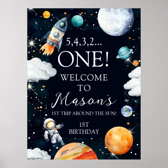 Poster Outer Space Rocket Astronaut 1st Birthday Welcome (Frente)