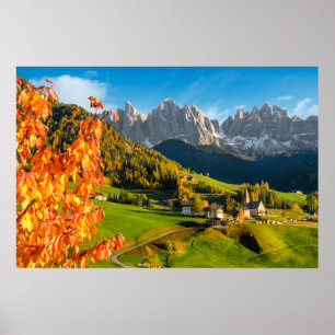 Poster Outono na paisagem de Dolomites com igreja