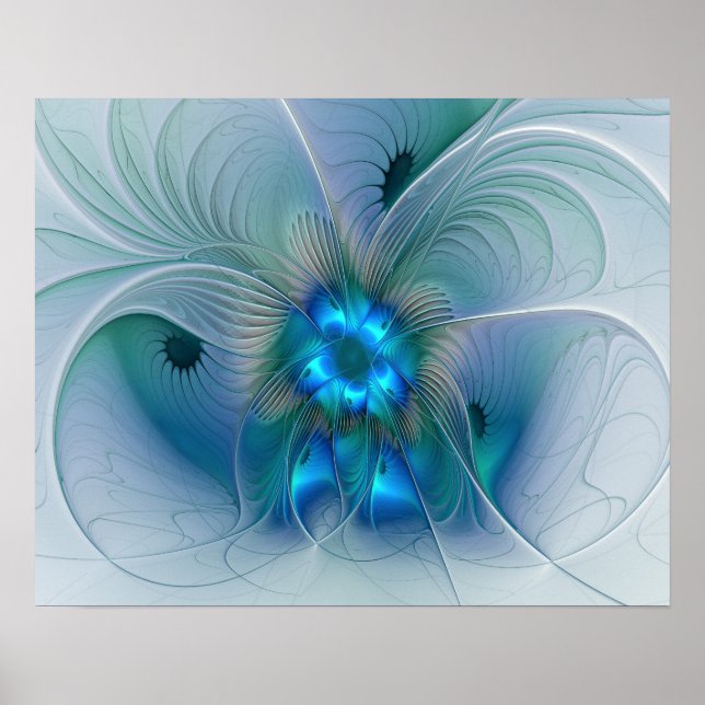 Poster Ovações de Pé, Fractal Azul Turquesa Abstrato (Frente)