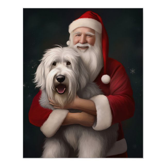 Pôster Ovelha Cachorro Inglês com Papai Noel Festivo (Frente)