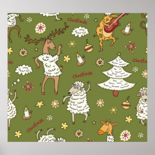 Poster Ovelha de Natal: Ilustração de Vintagem Animal.