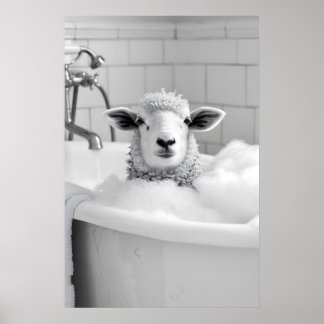 Poster Ovelha engraçada na banheira imprimir arte de pare