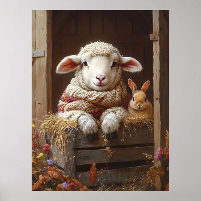 Poster Ovelhas e coelhos em celeiro com flores (Frente)
