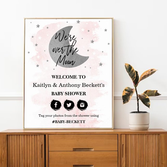 Poster Over The Moon | Girls Baby Shower Welcome Sign (Criador carregado)