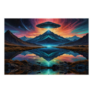 Pôster OVNI paira sobre Montanhas Coloridas e Lago