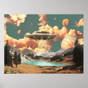 Poster OVNI Surrealista Acima de Lago de Montanha com Pla