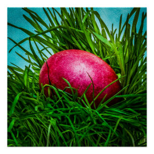 Pôster Ovo da páscoa vermelho na grama