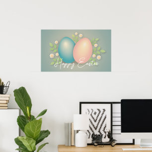 Poster Ovos de felz pascoa e flores de primavera azul beb