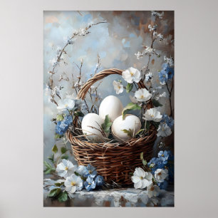 Poster Ovos de Páscoa Antigos Cesta de Flores Impressão,