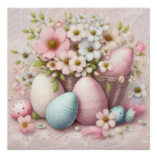 Pôster Ovos florais cor-de-rosa com rendas monograma numa