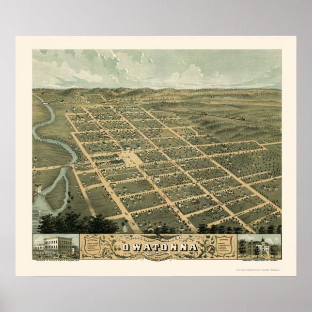Poster Owatonna, Mapa Panorâmico MN - 1870 (Frente)
