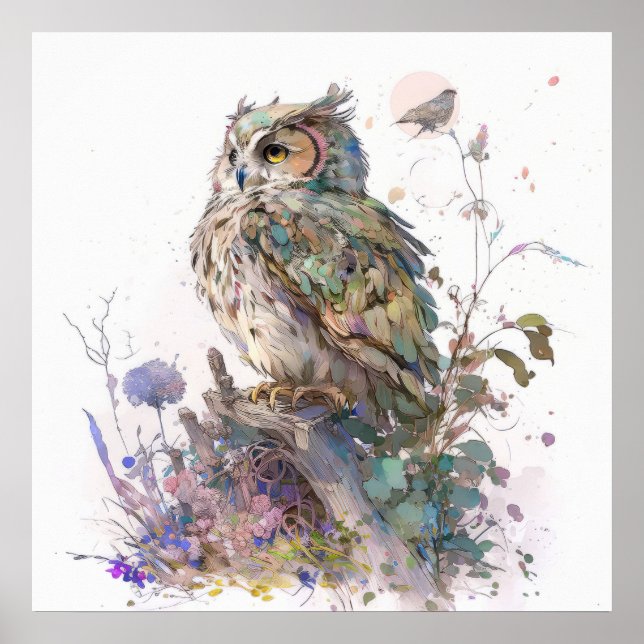 Poster Owl Bird Retrait Animal Painting Willife Forest (Frente)