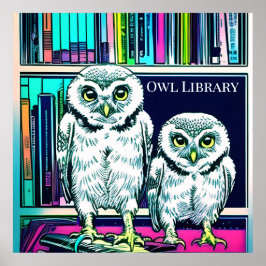 Poster OWL LIBRARY duas corujas, livros