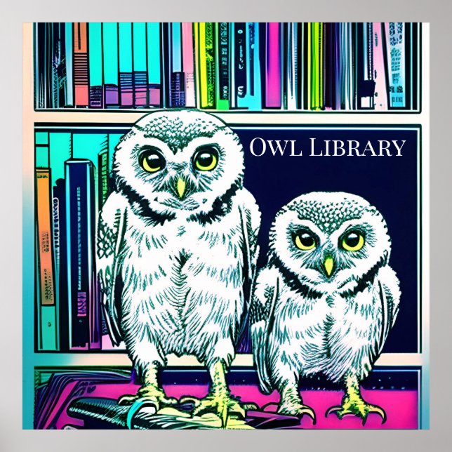 Poster OWL LIBRARY duas corujas, livros (Frente)