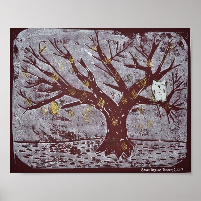 Pôster Owl on a Snowy Tree Print (Frente)