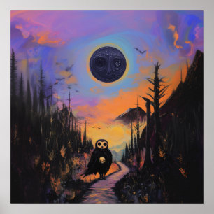 Poster Owl Skull Black Moon Witchy AI Art Match Valor