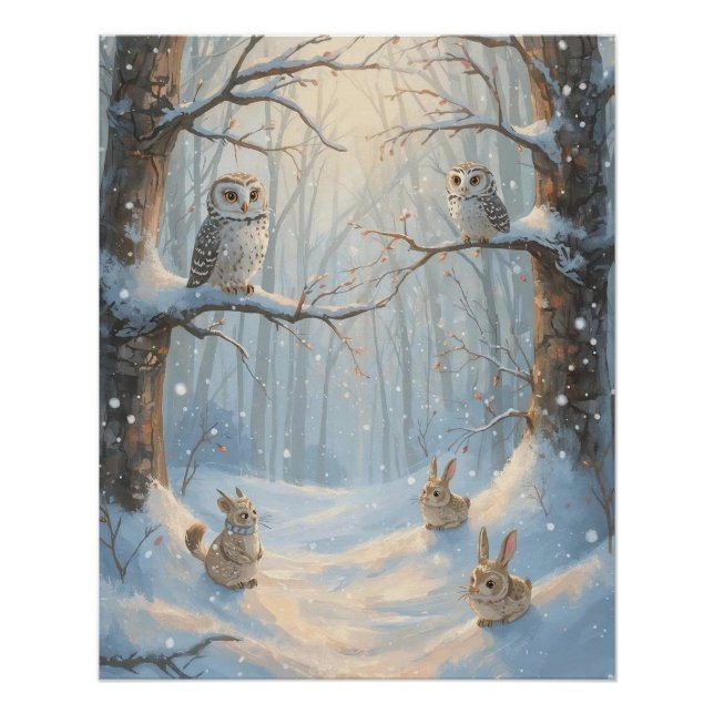 Pôster Owls, Rabbits, and Woodland in the Snow Poster (Frente)
