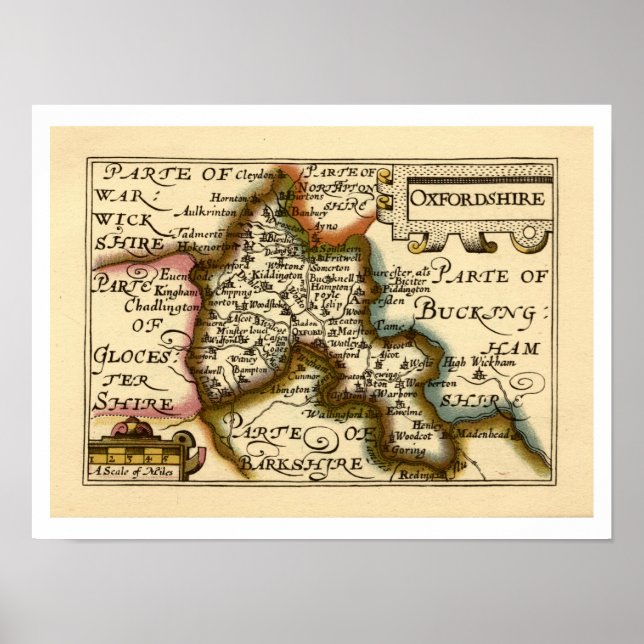 Poster Oxfordshire County England Antigo Mapa Antiquário (Frente)