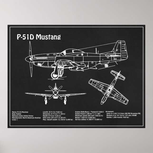 Poster P-51D Mustang - Avião Blueprint PD (Frente)